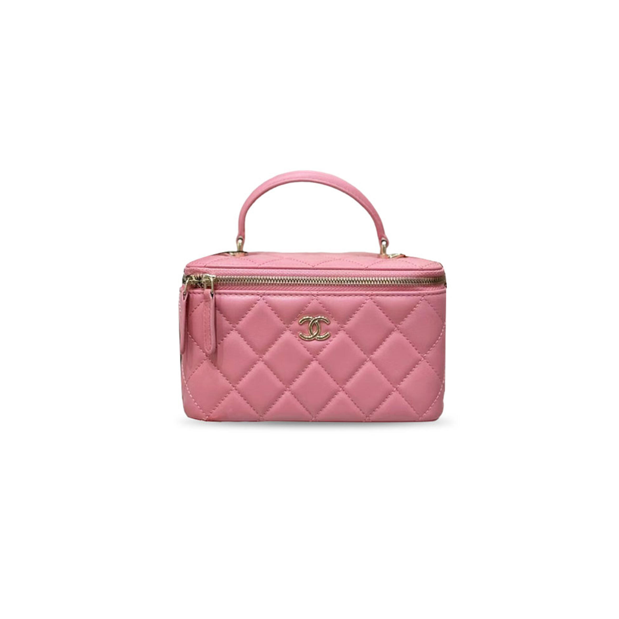 Ch**el vanity rectangle with top handle pink lambskin leather gold hardware (16*10*8cm)